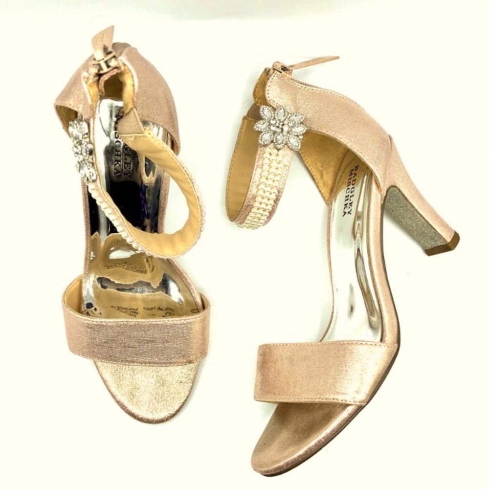 Badgley Mischa champagne pink pearls and diamond flower strap heels